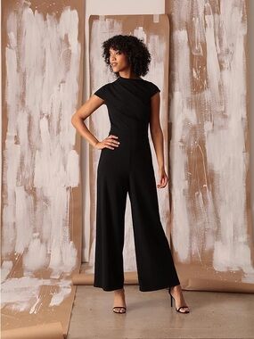 Maggy London BlackAsymmetric neck Cap-Sleeve Straight-Leg Jumpsuit size 6
